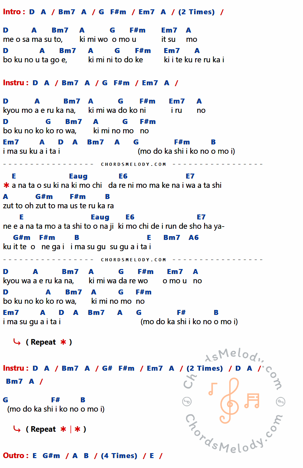 เนื้อเพลง แอบชอบ (JP Version) ของ ละอองฟอง ที่มีคอร์ดกีต้าร์ D,A,Bm7,G,F#m,Em7,B,E,Eaug,E6,E7,G#m,A6,F#,G#