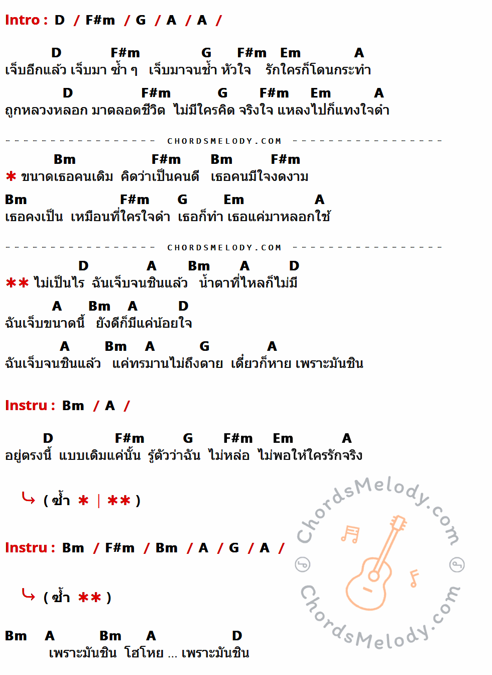 เนื้อเพลง เจ็บจนชิน ของ เต็ม นาวา ที่มีคอร์ด ในกลุ่มคีย์ D,F#m,G,A,Em,Bm ประกอบ