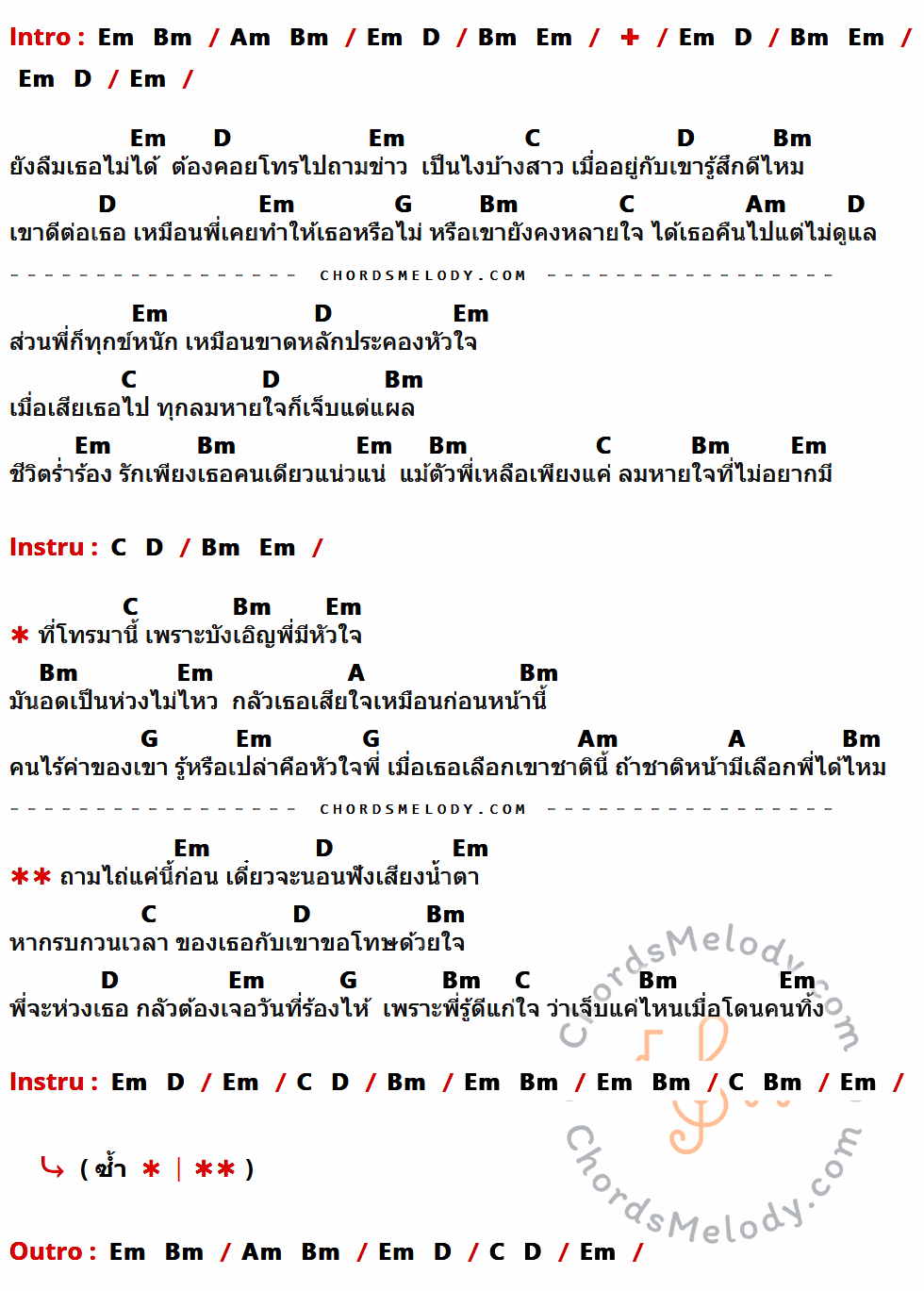 เนื้อเพลง บังเอิญมีหัวใจ ของ ไผ่ พงศธร ที่มีคอร์ดกีต้าร์ Em,Bm,Am,D,C,G,A