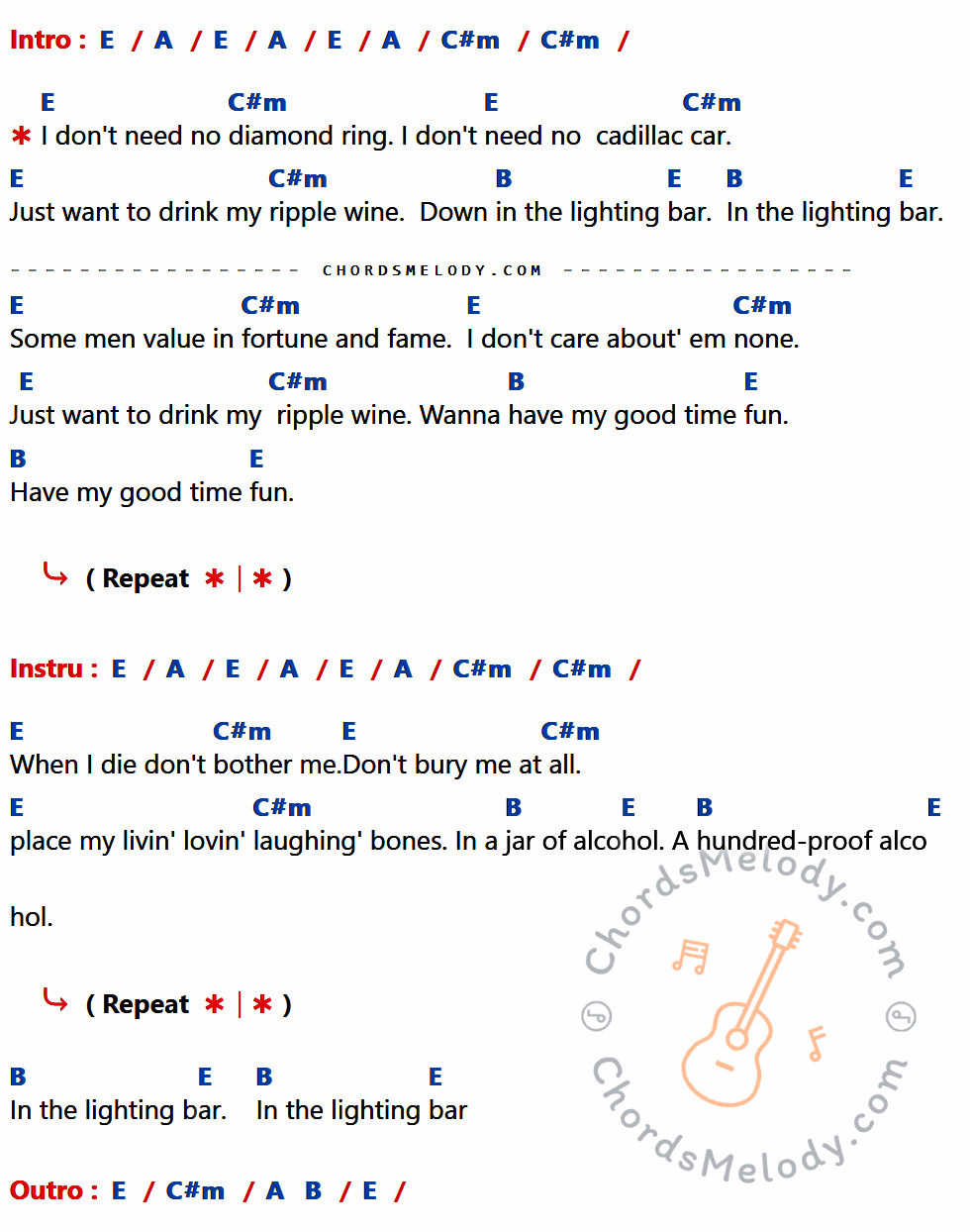 เนื้อเพลง LIGHTING BAR BLUES ของ Brownsville Station ที่มีคอร์ด ในกลุ่มคีย์ E,A,C#m,B ประกอบ