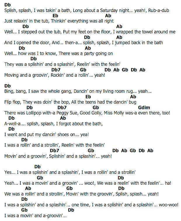 คอร์ดเพลง เนื้อเพลง Splish Splash, คอร์ดเพลง Splish Splash ของ Bobby Darin, คอร์ดเพลงของ Bobby Darin, เนื้อร้อง Splish Splash Bobby Darin, Splish Splash คอร์ดง่าย ๆ, คอร์ด Splish Splash ต้นฉบับ
