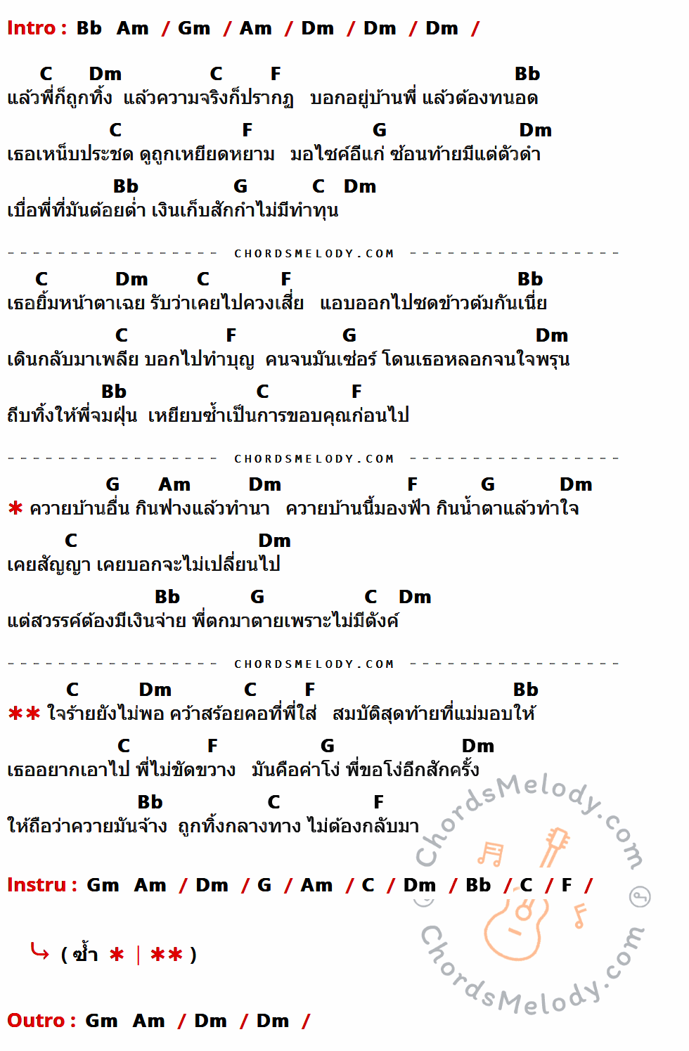เนื้อเพลง ขอโง่อีกสักครั้ง ของ แจ๊ค ธนพล ที่มีคอร์ด ในกลุ่มคีย์ Bb,Am,Gm,Dm,C,F,G ประกอบ