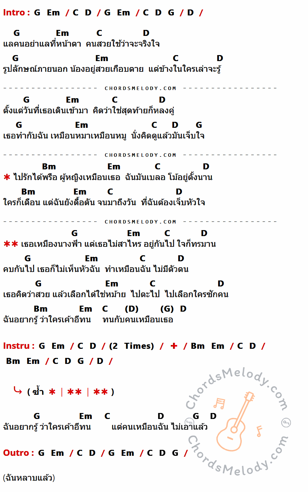 เนื้อเพลง นางฟ้าไม่สาไหร ของ เอฟ วรัญญู ที่มีคอร์ด ในกลุ่มคีย์ G,Em,C,D,Bm ประกอบ