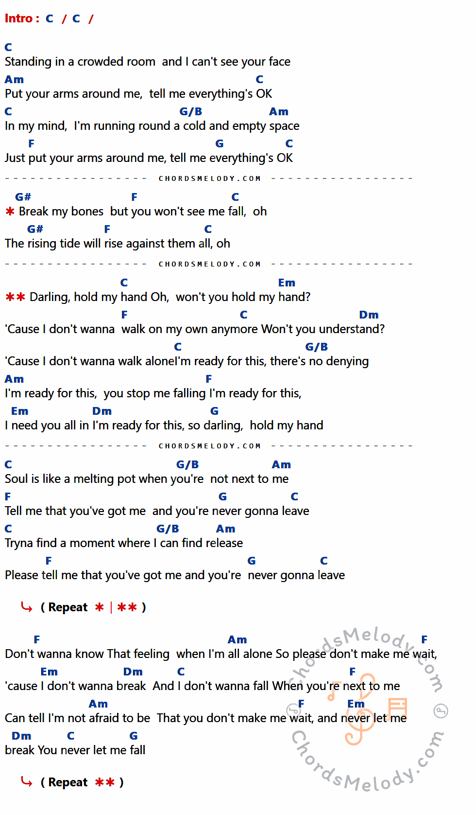 เนื้อเพลง Hold My Hand ของ Jess Glynne ที่มีคอร์ด ในกลุ่มคีย์ C,Am,G/B,F,G,G#,Em,Dm ประกอบ