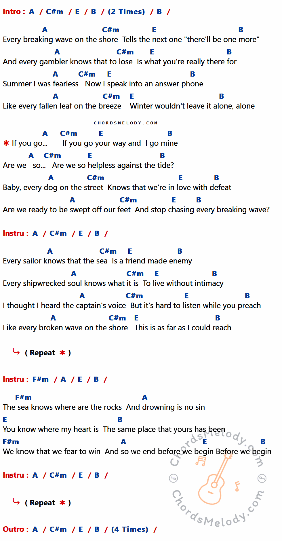 เนื้อเพลง Every breaking wave ของ U2 ที่มีคอร์ด ในกลุ่มคีย์ A,C#m,E,B,F#m ประกอบ