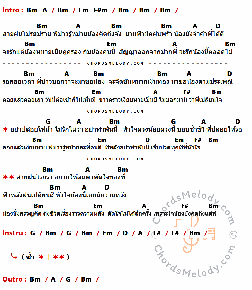 เนื้อเพลง ฟ้าหลังฝน ของ ฌามา ที่มีคอร์ด ในกลุ่มคีย์ Bm,A,Em,F#m,D,F#,G ประกอบ