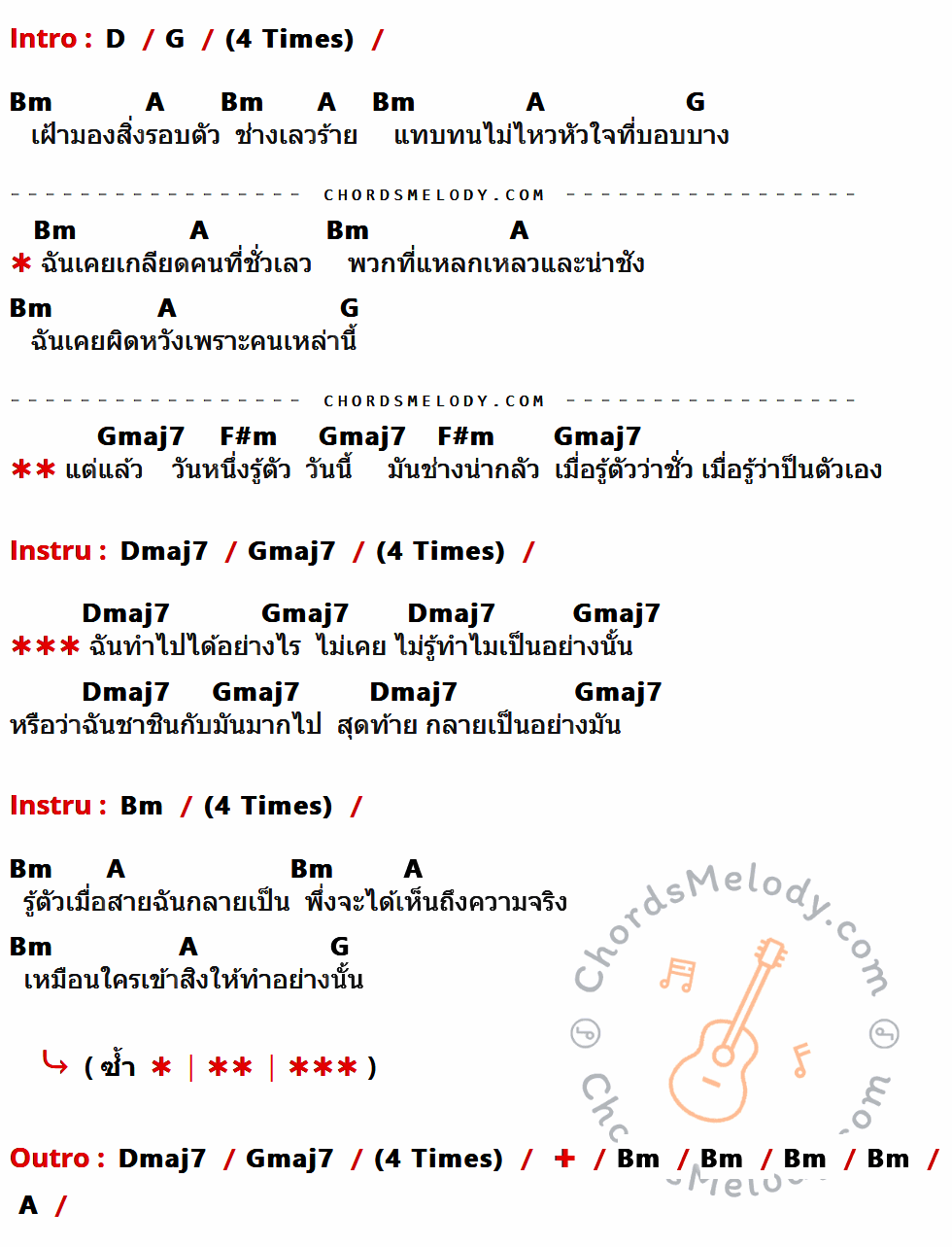 เนื้อเพลง วันที่เลวร้าย ของ ป้าง นครินทร์ กิ่งศักดิ์ ที่มีคอร์ดกีต้าร์ D,G,Bm,A,Gmaj7,F#m,Dmaj7