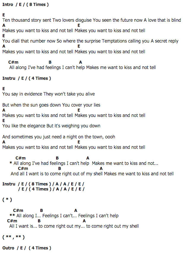 คอร์ดเพลง เนื้อเพลง KISS & NOT TELL, คอร์ดเพลง KISS & NOT TELL ของ La Roux, คอร์ดเพลงของ La Roux, เนื้อร้อง KISS & NOT TELL La Roux, KISS & NOT TELL คอร์ดง่าย ๆ, คอร์ด KISS & NOT TELL ต้นฉบับ