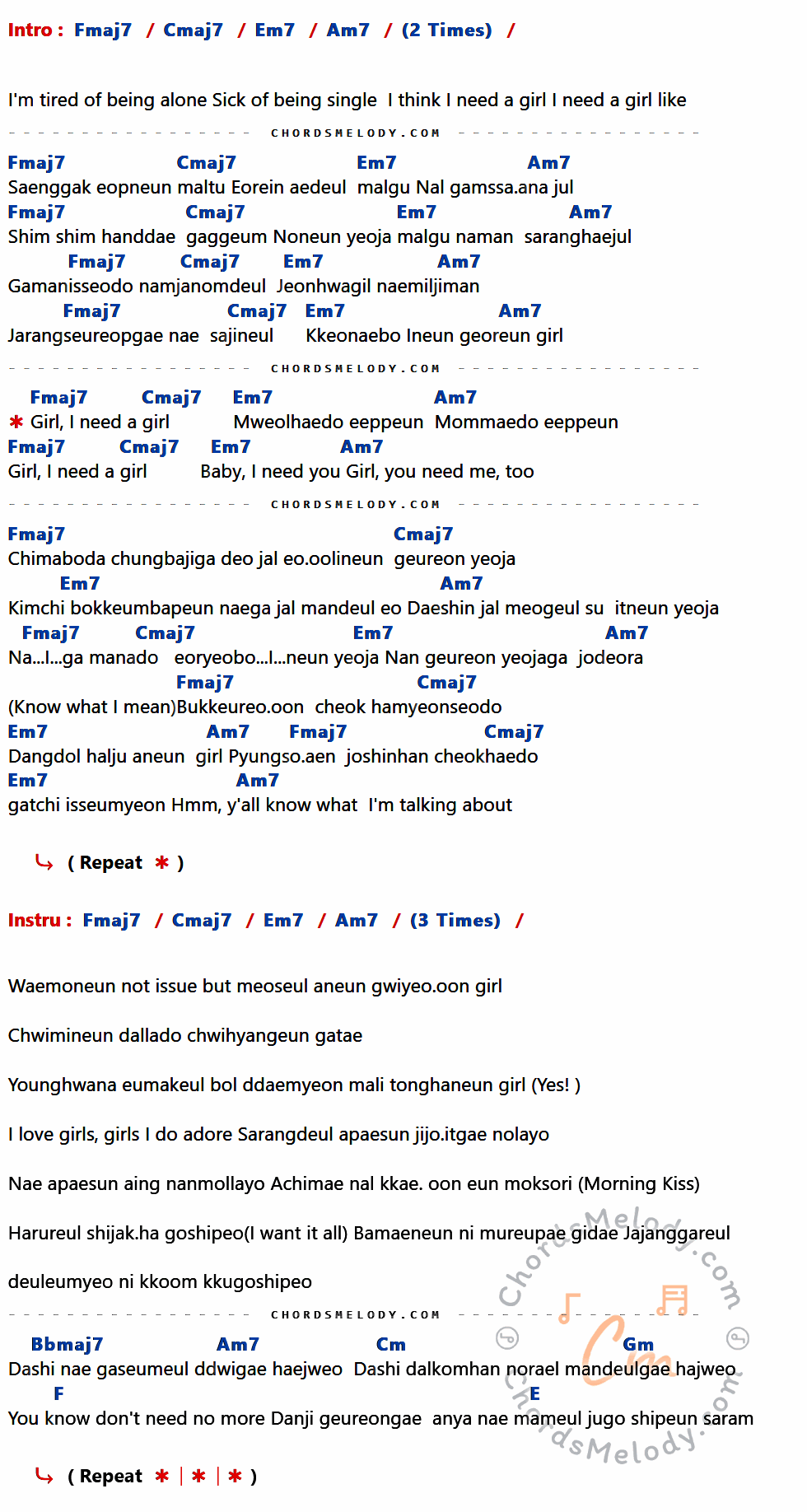 เนื้อเพลง I Need A Girl ของ TaeYang ที่มีคอร์ดกีต้าร์ Fmaj7,Cmaj7,Em7,Am7,Bbmaj7,Cm,Gm,F,E