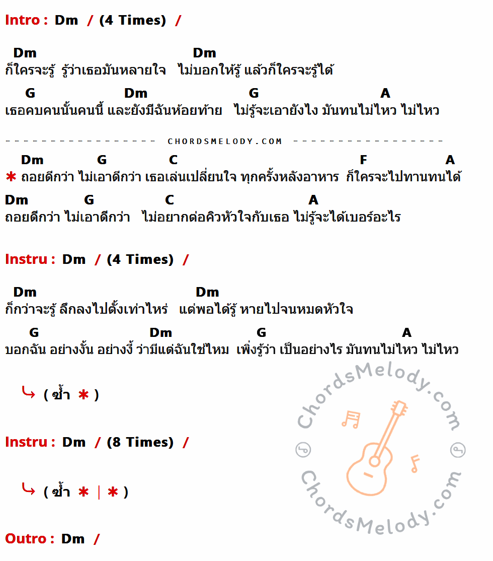 เนื้อเพลง ถอยดีกว่า ของ อ้อม สุนิสา ที่มีคอร์ดกีต้าร์ Dm,G,A,C,F