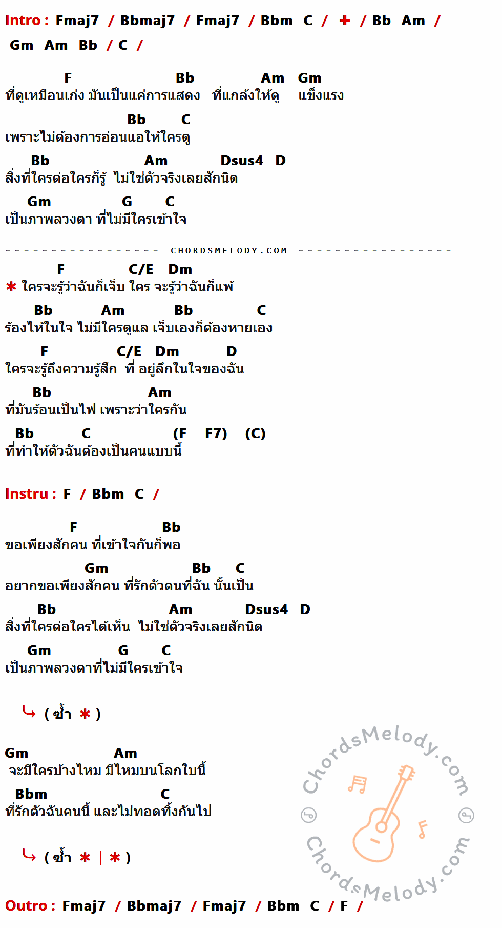 เนื้อเพลง ใครจะรู้ ของ ทาทา ยัง ที่มีคอร์ดกีต้าร์ Fmaj7,Bbmaj7,Bbm,C,Bb,Am,Gm,F,Dsus4,D,G,C/E,Dm