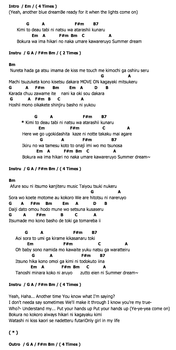 คอร์ดเพลง เนื้อเพลง Summer Dream, คอร์ดเพลง Summer Dream ของ Tohoshinki, คอร์ดเพลงของ Tohoshinki, เนื้อร้อง Summer Dream Tohoshinki, Summer Dream คอร์ดง่าย ๆ, คอร์ด Summer Dream ต้นฉบับ