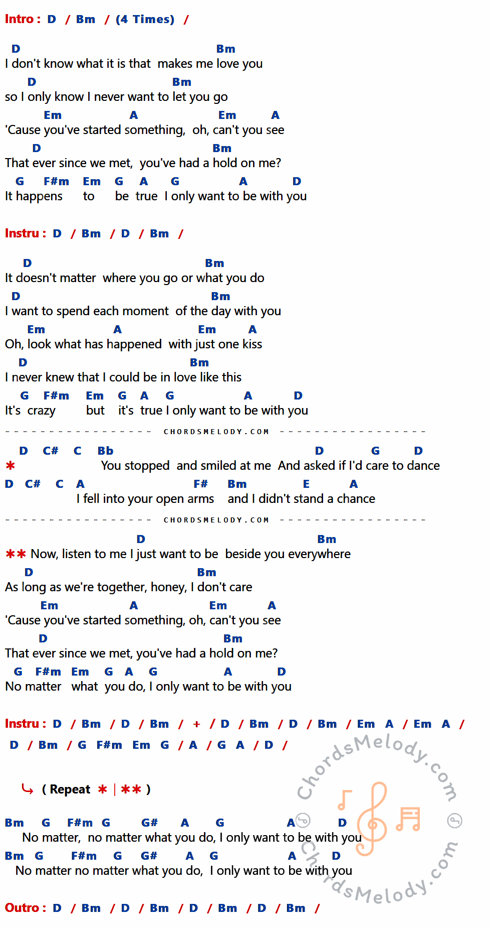 เนื้อเพลง I Only Want To Be With You ของ Bay City Rollers ที่มีคอร์ด ในกลุ่มคีย์ D,Bm,Em,A,G,F#m,C#,C,Bb,F#,E,G# ประกอบ