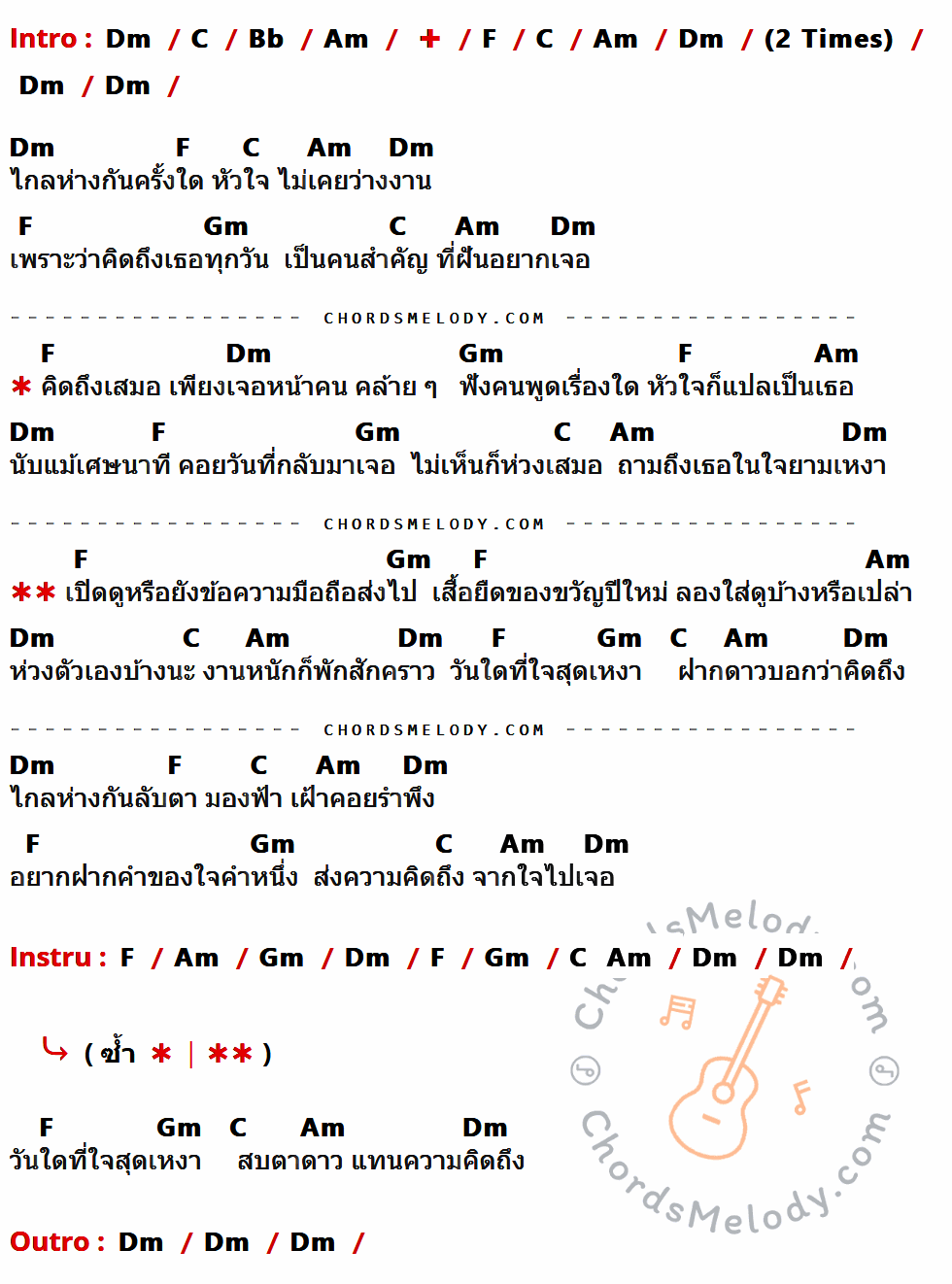 เนื้อเพลง แทนความคิดถึง ของ ก๊อต จักรพรรณ์ ที่มีคอร์ด ในกลุ่มคีย์ Dm,C,Bb,Am,F,Gm ประกอบ