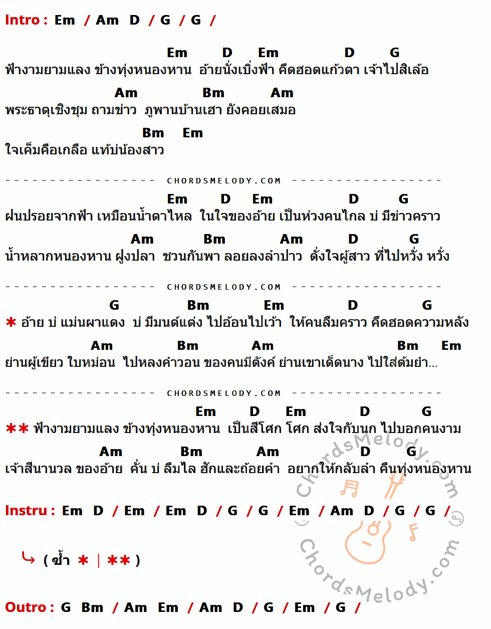 เนื้อเพลง ริมฝั่งหนองหาน ของ มนต์แคน แก่นคูน ที่มีคอร์ดกีต้าร์ Em,Am,D,G,Bm