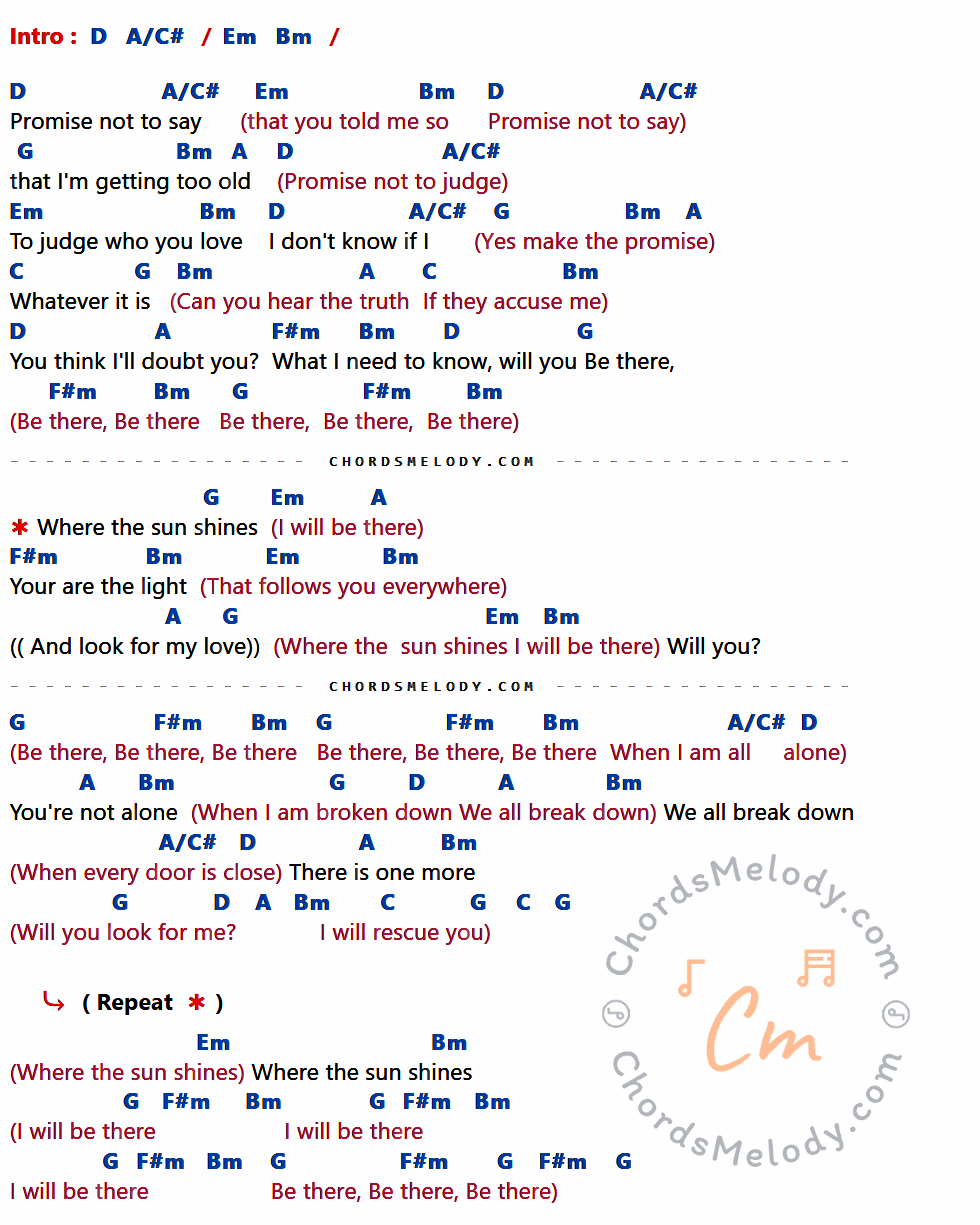 เนื้อเพลง Promise ของ Tori Amos ที่มีคอร์ด ในกลุ่มคีย์ D,A/C#,Em,Bm,G,A,C,F#m ประกอบ