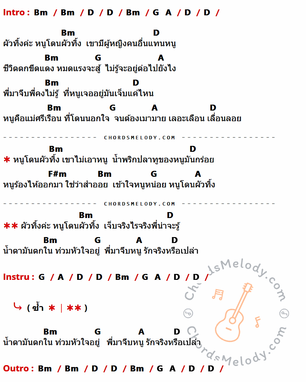 เนื้อเพลง ผัวทิ้ง ของ กล้วย คลองหอยโข่ง ที่มีคอร์ดกีต้าร์ Bm,D,G,A,F#m