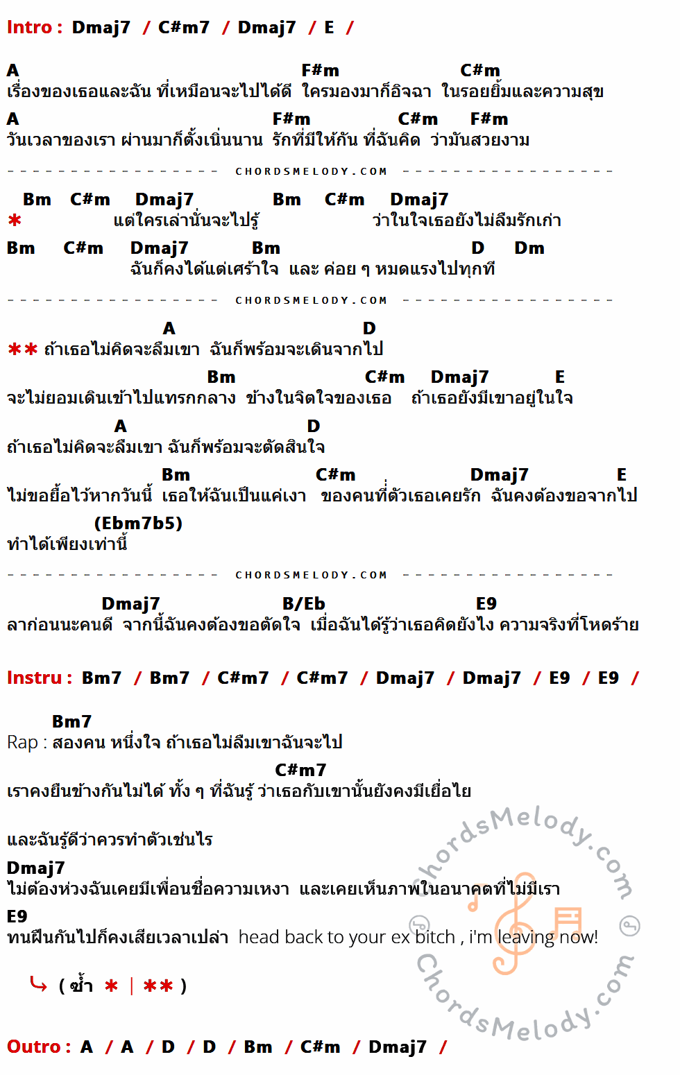 เนื้อเพลง ถ้าเธอไม่คิดจะลืมเขา ของ โจ๊ก เกียรติยศ ที่มีคอร์ด ในกลุ่มคีย์ Dmaj7,C#m7,E,A,F#m,C#m,Bm,D,Dm,B/Eb,E9,Bm7 ประกอบ
