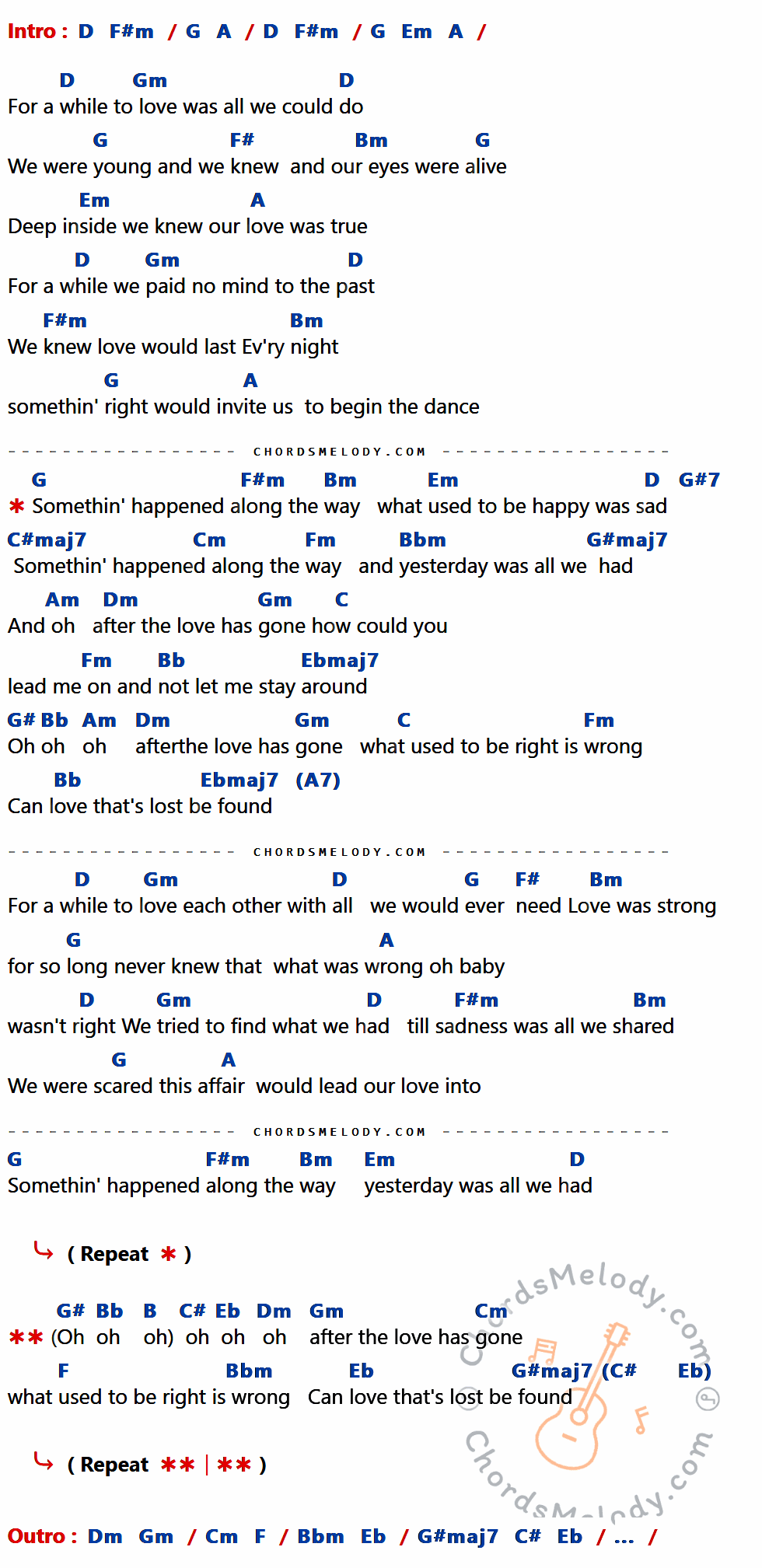 เนื้อเพลง After the love has gone ของ Earth Wind And Fire มีคอร์ดกีต้าร์ ในคีย์ที่ต่างกัน D,Gm,G,F#,Bm,Em,A,F#m,G#7,C#maj7,Cm,Fm,Bbm,G#maj7,Am,Dm,C,Bb,Ebmaj7,G#,B,C#,Eb,F