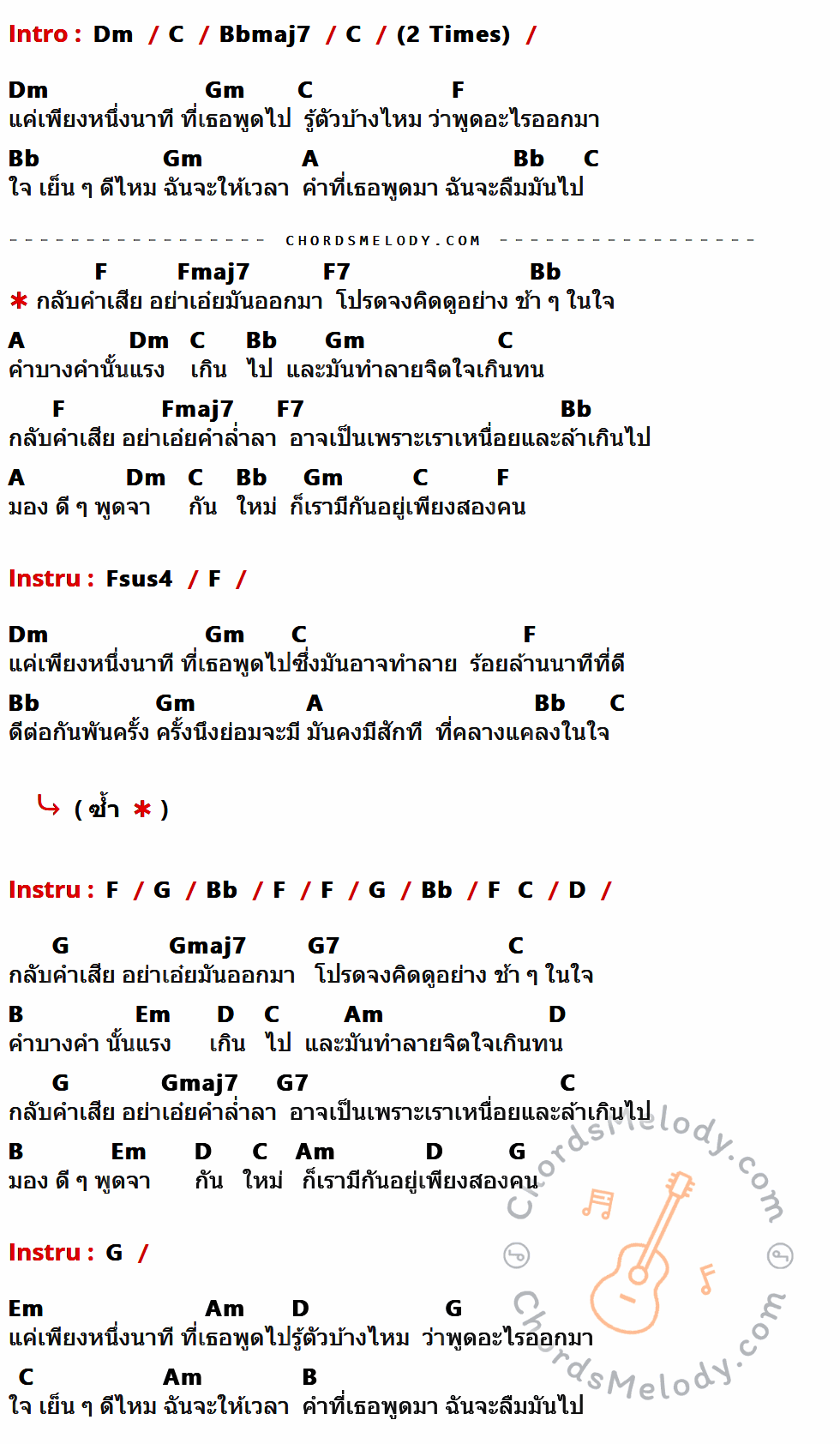 เนื้อเพลง กลับคำเสีย ของ เสก Loso มีคอร์ดกีต้าร์ ในคีย์ที่ต่างกัน Am,G,Fmaj7,Dm,C,F,E,Cmaj7,C7,Csus4,D,A,Dmaj7,D7,F#,Bm,Em