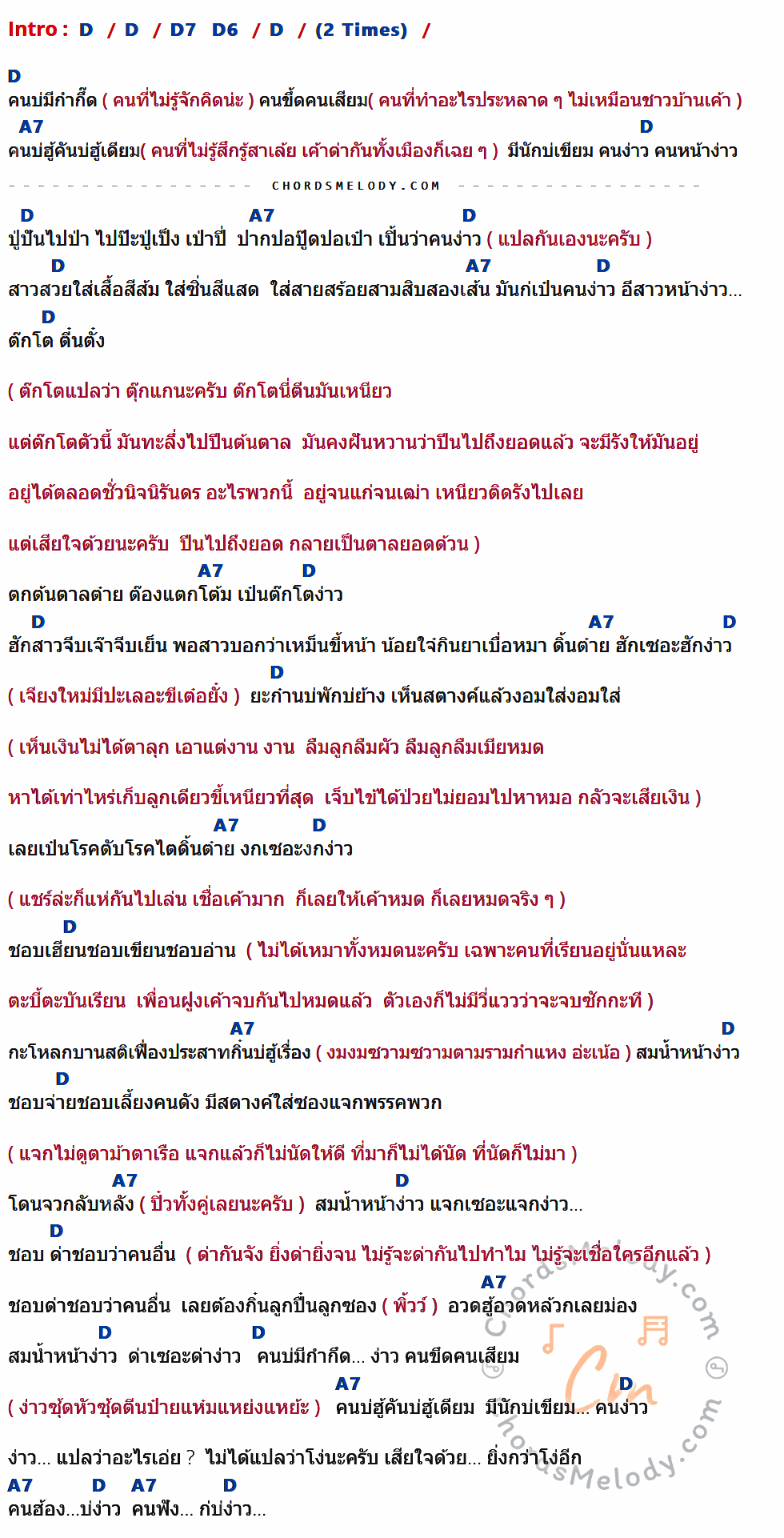 คอร์ดเพลง คนหน้าง่าว - จรัล มโนเพชร เนื้อร้อง มีคอร์ดกีต้าร์ ในกลุ่มคีย์ D,D7,D6,A7 กำกับ
