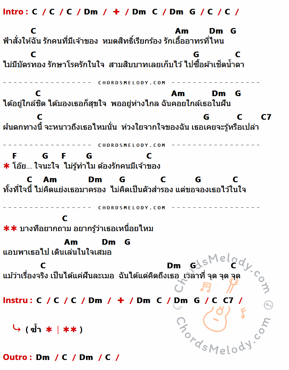 คอร์ดเพลง ขอจองในใจ - ตั้กแตน ชลดา เนื้อร้อง มีคอร์ดกีต้าร์ ในกลุ่มคีย์ C,Dm,G,Am,C7,F กำกับ