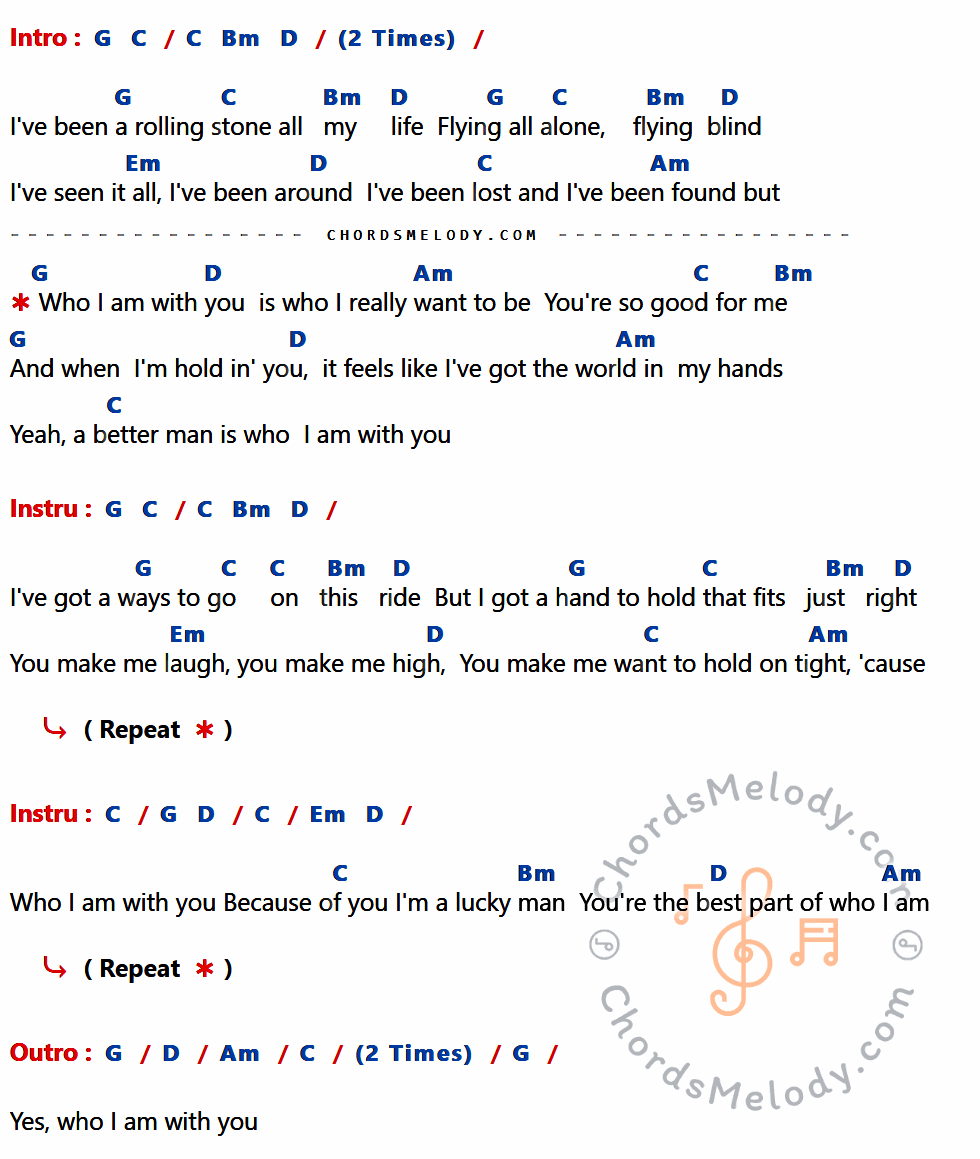 เนื้อเพลง Who I Am with You ของ Chris Young มีคอร์ดกีต้าร์ ในคีย์ที่ต่างกัน G,C,Bm,D,Em,Am