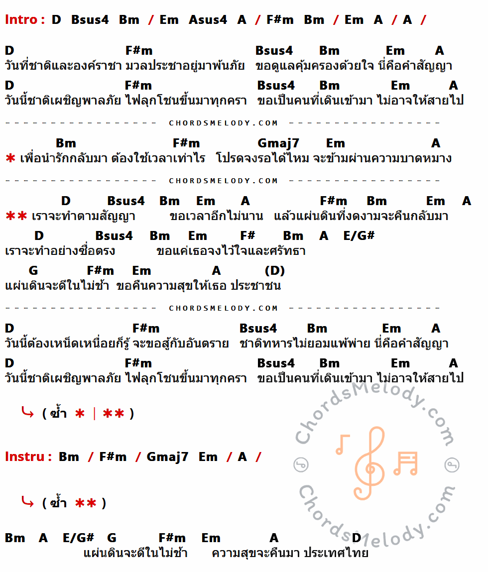 คอร์ดเพลง คืนความสุขให้ประเทศไทย - อัสนี โชติกุล เนื้อร้อง มีคอร์ดกีต้าร์ ในกลุ่มคีย์ A,D,F#m,Bsus4,Bm,Em,Gmaj7,F#,E/G#,G กำกับ