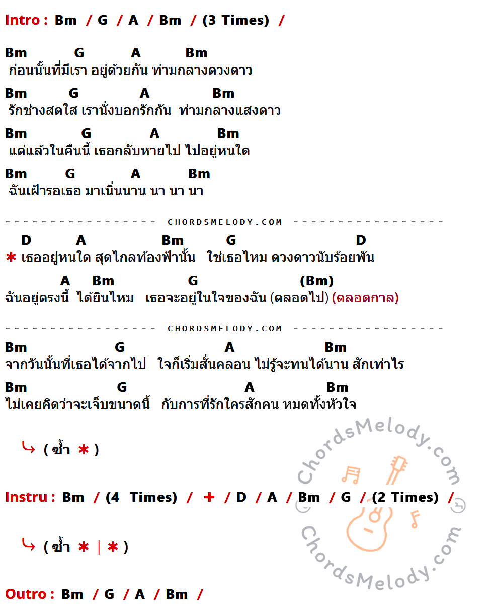 เนื้อเพลง คืนที่ไร้ดาว ของ Hilarious มีคอร์ดกีต้าร์ ในคีย์ที่ต่างกัน Bm,G,A,D