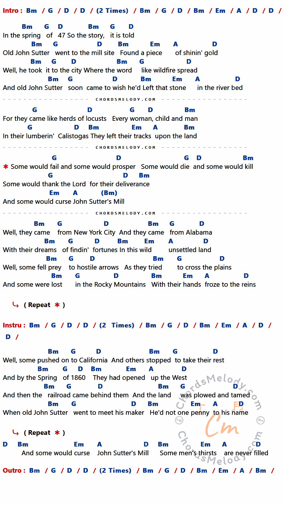 เนื้อเพลง Sutters Mill ของ Dan Fogelberg มีคอร์ดกีต้าร์ ในคีย์ที่ต่างกัน Bm,G,D,Em,A