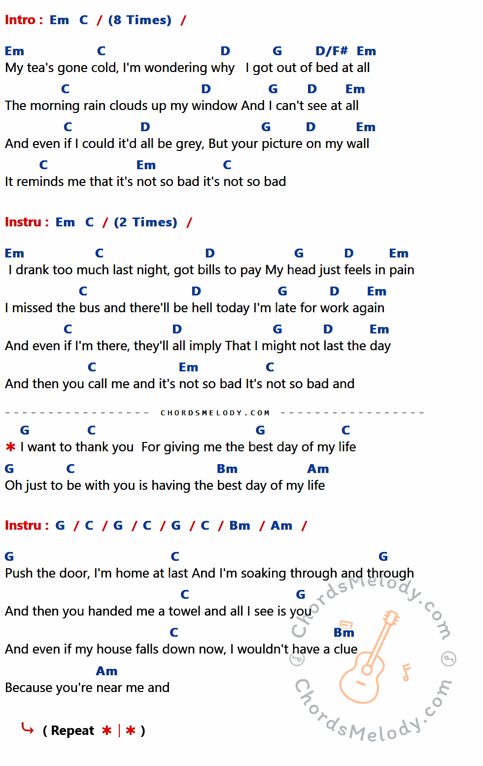 เนื้อเพลง Thank You ของ Dido มีคอร์ดกีต้าร์ ในคีย์ที่ต่างกัน Em,C,D,G,D/F#,Bm,Am