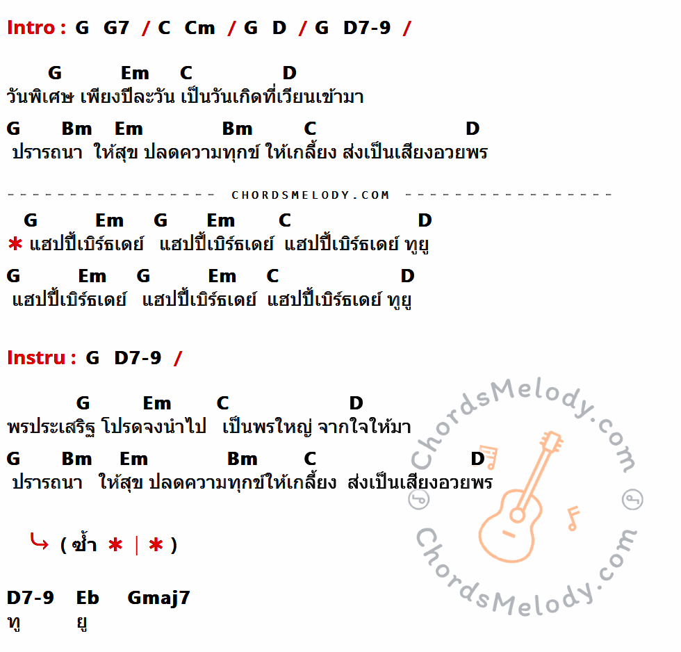 คอร์ดเพลง อวยพรวันเกิด - อริสมันต์ พงษ์เรืองรอง เนื้อร้อง มีคอร์ดกีต้าร์ ในกลุ่มคีย์ G,G7,C,Cm,D,D7-9,Em,Bm,Eb,Gmaj7 กำกับ
