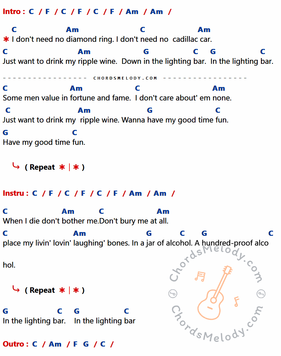 เนื้อเพลง LIGHTING BAR BLUES ของ Brownsville Station มีคอร์ดกีต้าร์ ในคีย์ที่ต่างกัน G,C,Em,D