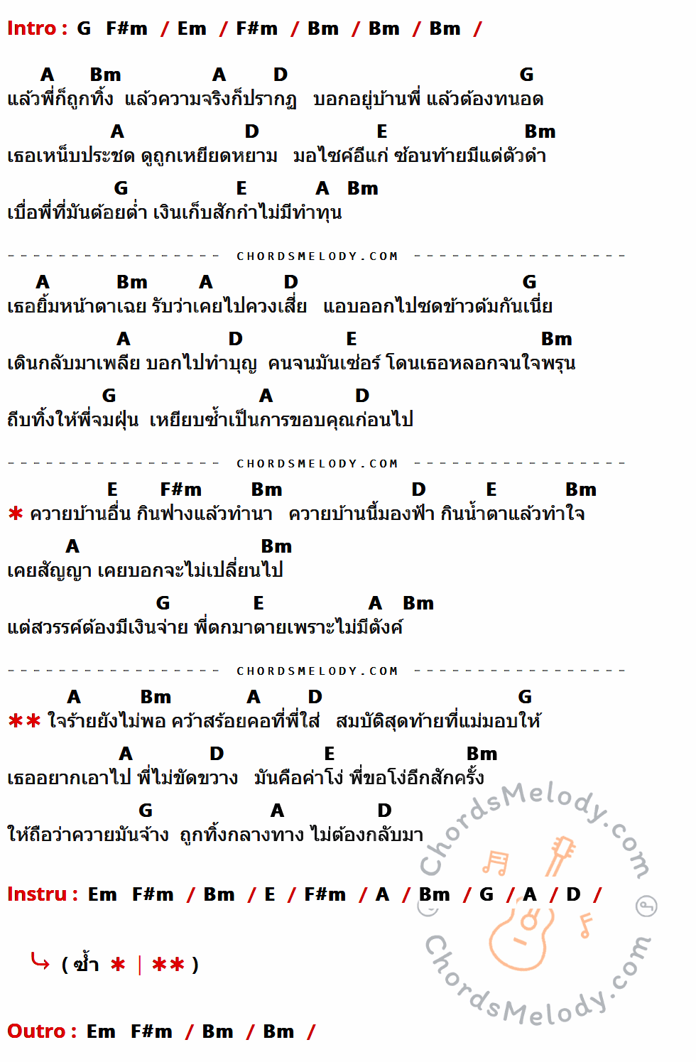 เนื้อเพลง ขอโง่อีกสักครั้ง ของ แจ๊ค ธนพล มีคอร์ดกีต้าร์ ในคีย์ที่ต่างกัน Em,F#m,Bm,A,D,G,E