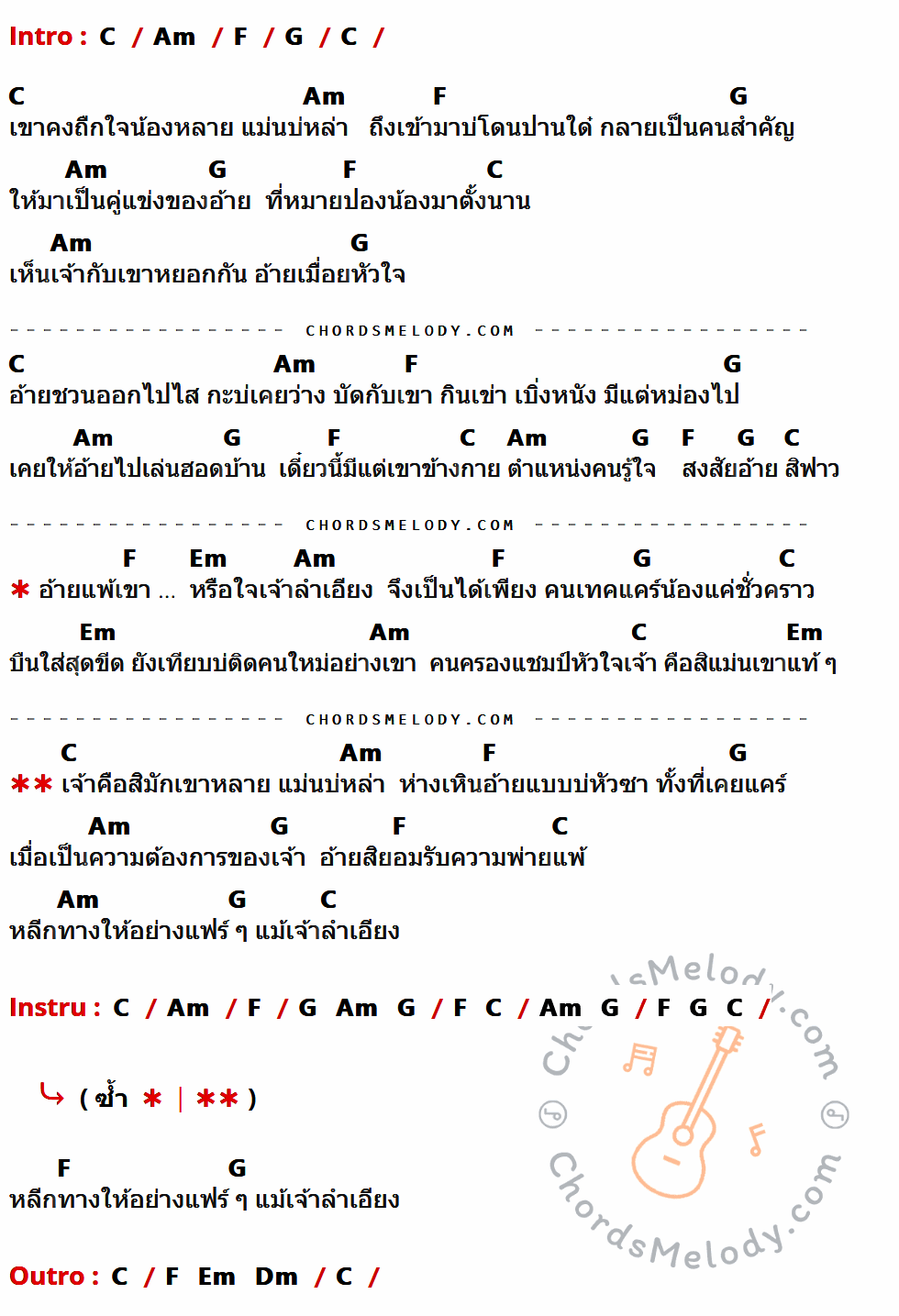 คอร์ดเพลง อ้ายแพ้เขาหรือเจ้าลำเอียง - ไอดิน อภินันท์ เนื้อร้อง มีคอร์ดกีต้าร์ ในกลุ่มคีย์ C,Am,F,G,Em กำกับ