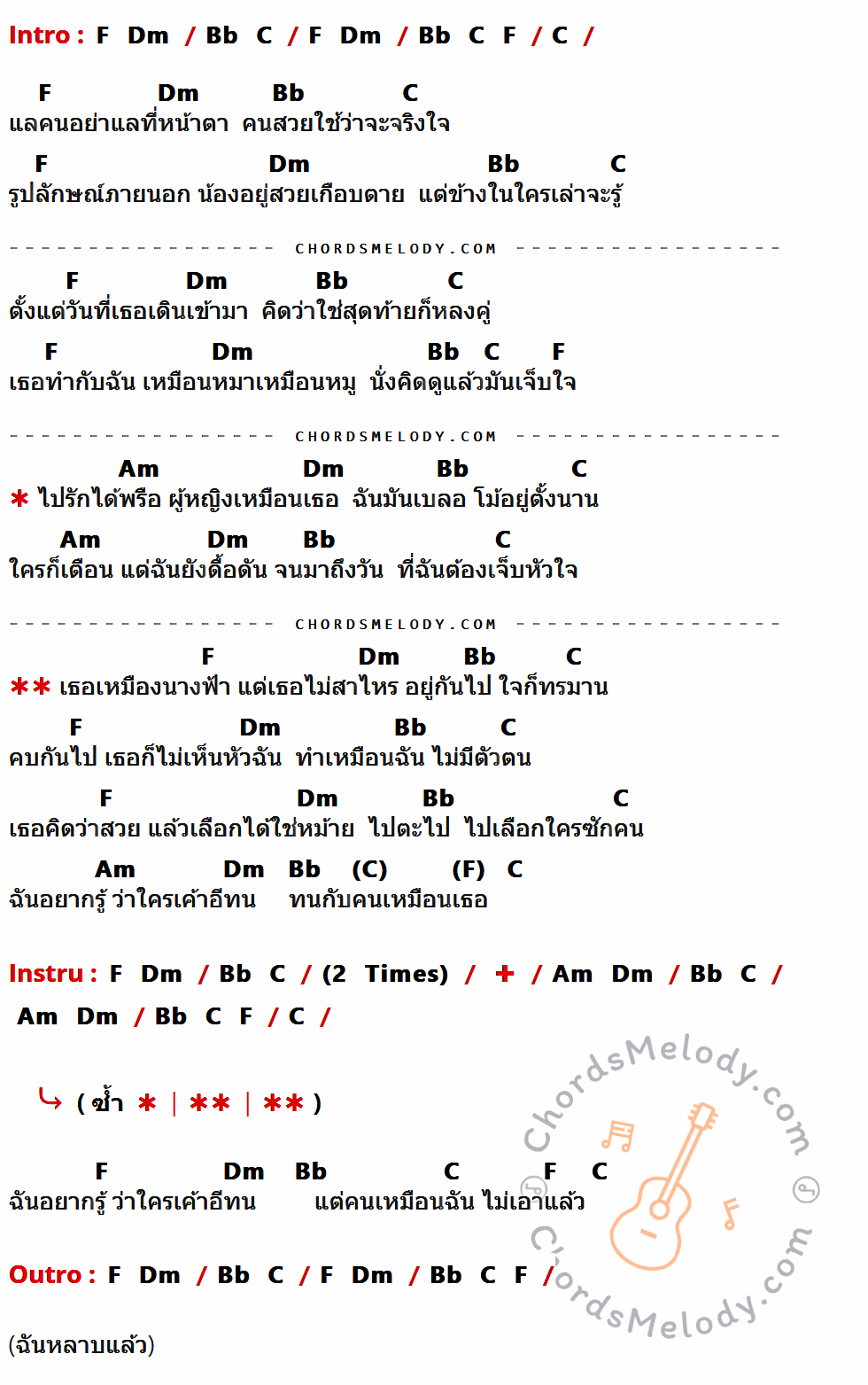 เนื้อเพลง นางฟ้าไม่สาไหร ของ เอฟ วรัญญู มีคอร์ดกีต้าร์ ในคีย์ที่ต่างกัน C,Am,F,G,Em