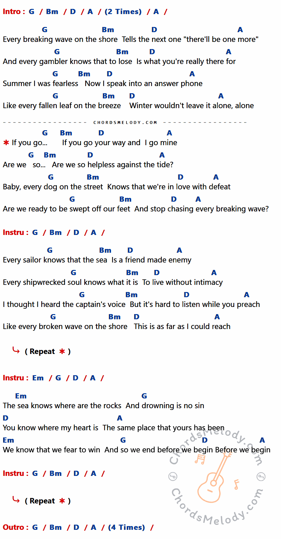 เนื้อเพลง Every breaking wave ของ U2 มีคอร์ดกีต้าร์ ในคีย์ที่ต่างกัน G,Bm,D,A,Em