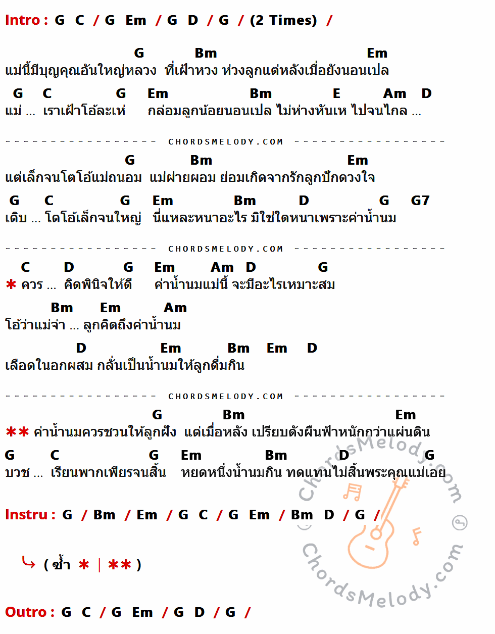 เนื้อเพลง ค่าน้ำนม ของ เพลง ค่าน้ำนม มีคอร์ดกีต้าร์ ในคีย์ที่ต่างกัน G,C,Em,D,Bm,E,Am,G7