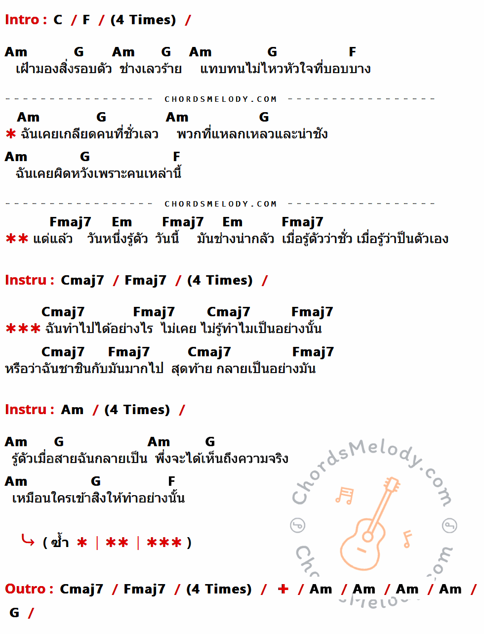 คอร์ดเพลง วันที่เลวร้าย - ป้าง นครินทร์ กิ่งศักดิ์ เนื้อร้อง มีคอร์ดกีต้าร์ ในกลุ่มคีย์ C,F,Am,G,Fmaj7,Em,Cmaj7 กำกับ