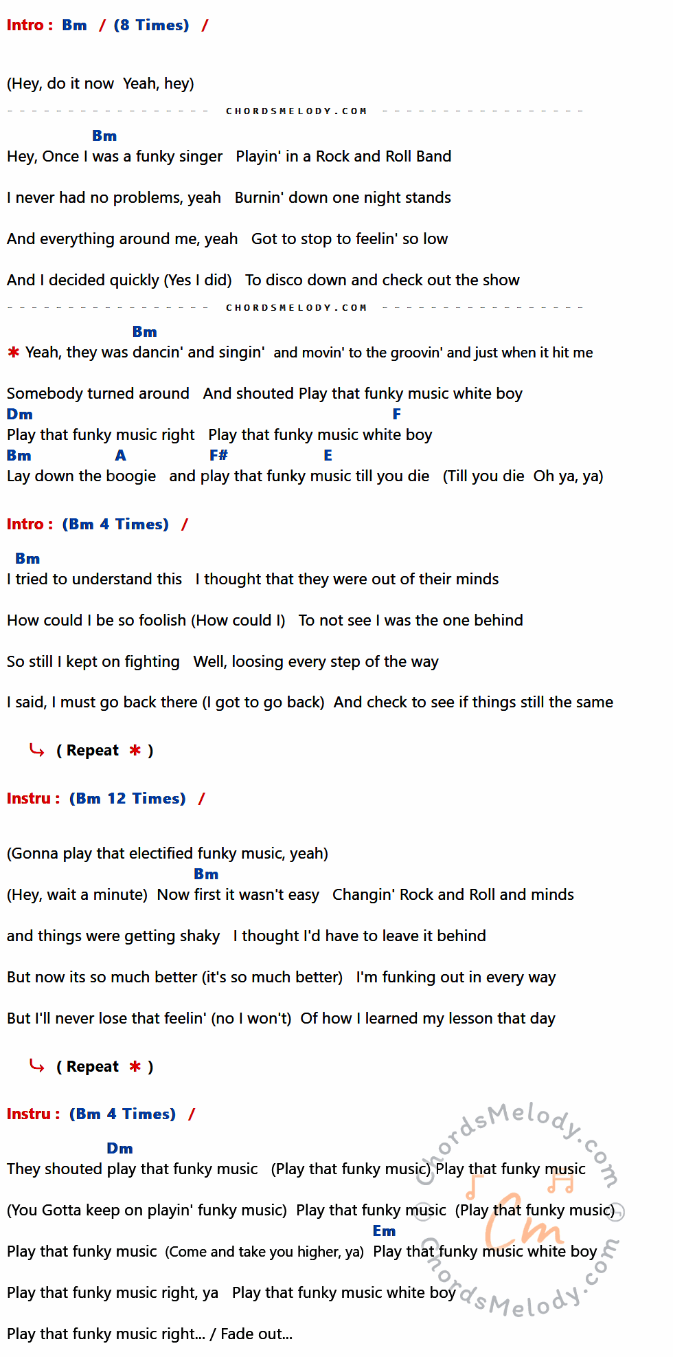 คอร์ดเพลง Play That Funky Music - Wild Cherry เนื้อร้อง มีคอร์ดกีต้าร์ ในกลุ่มคีย์ Bm,Dm,F,A,F#,E,Em กำกับ