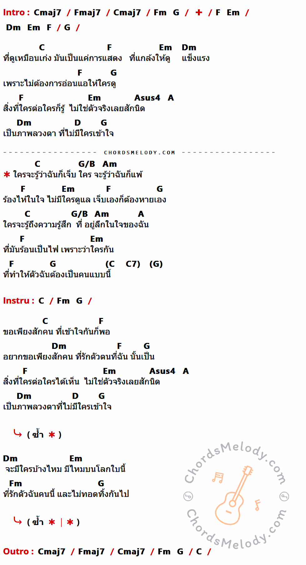 เนื้อเพลง ใครจะรู้ ของ ทาทา ยัง มีคอร์ดกีต้าร์ ในคีย์ที่ต่างกัน Cmaj7,Fmaj7,G,C,F,Em,Dm,Asus4,A,D,G/B,Am,Fm