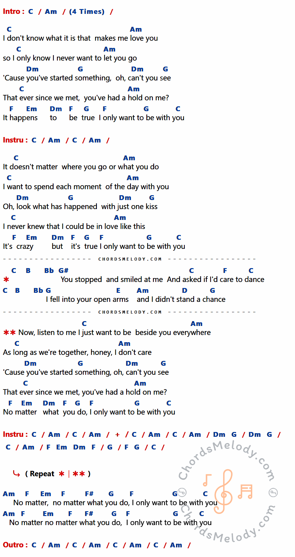 คอร์ดเพลง I Only Want To Be With You - Bay City Rollers เนื้อร้อง มีคอร์ดกีต้าร์ ในกลุ่มคีย์ C,Am,Dm,G,F,Em,B,Bb,G#,E,D,F# กำกับ