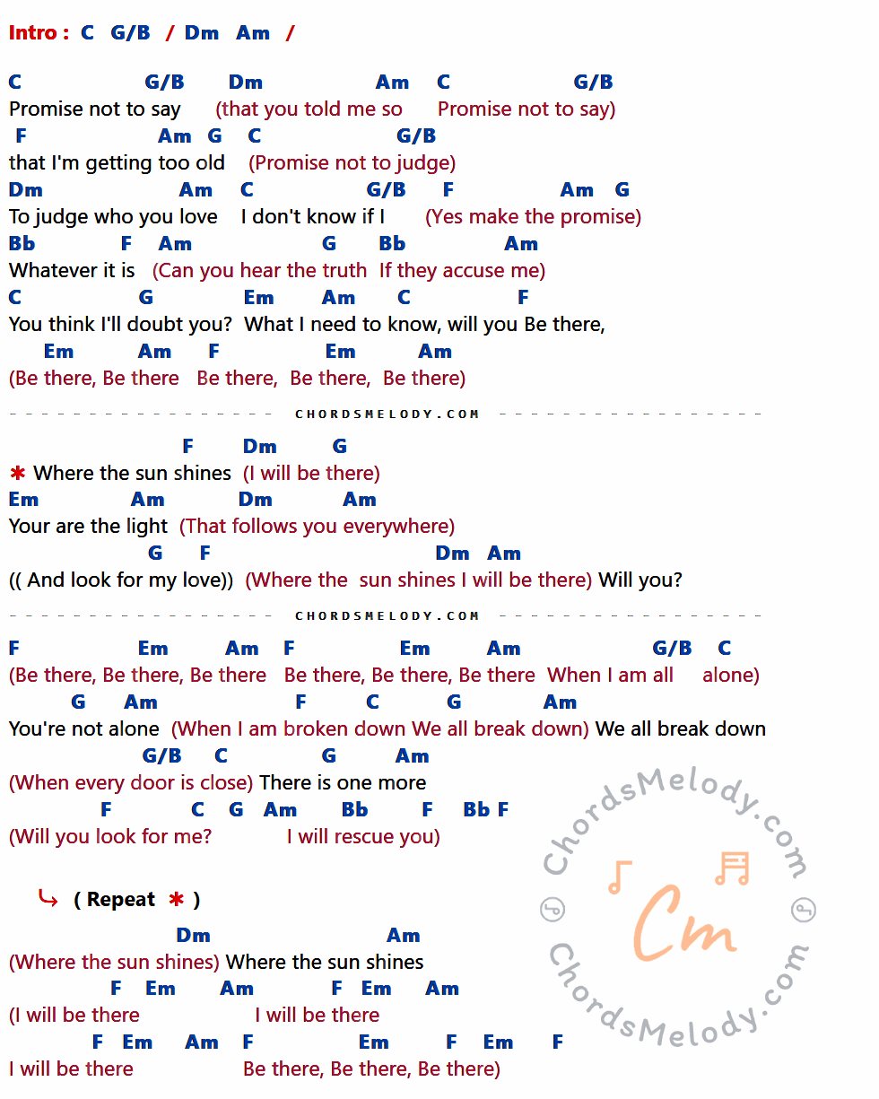 คอร์ดเพลง Promise - Tori Amos เนื้อร้อง มีคอร์ดกีต้าร์ ในกลุ่มคีย์ C,G/B,Dm,Am,F,G,Bb,Em กำกับ