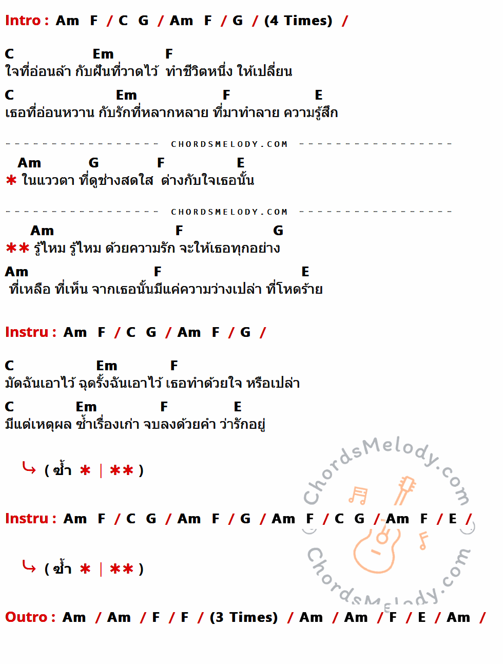 เนื้อเพลง รู้ไหม ของ มอร์กะจาย มีคอร์ดกีต้าร์ ในคีย์ที่ต่างกัน Am,F,C,G,Em,E