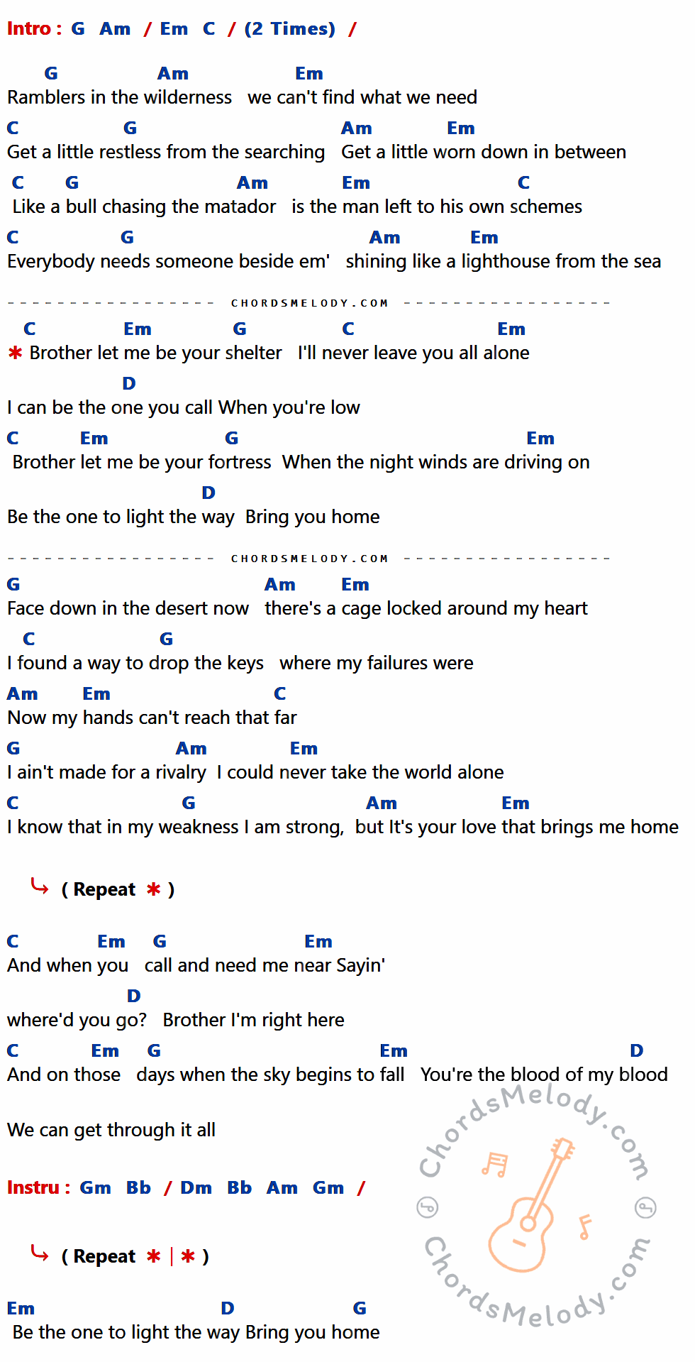 คอร์ดเพลง Brother - NEEDTOBREATHE Feat.Gavin DeGraw เนื้อร้อง มีคอร์ดกีต้าร์ ในกลุ่มคีย์ G,Am,Em,C,D กำกับ