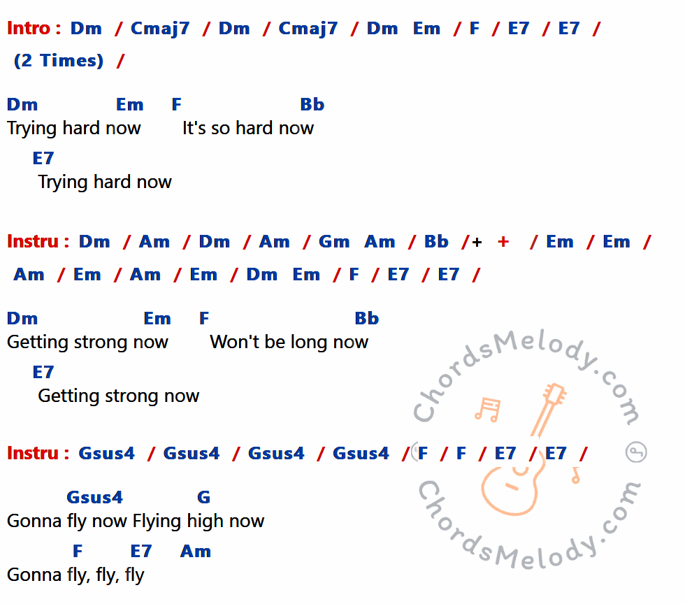 เนื้อเพลง Gonna Fly Now ของ Bill Conti ที่มีคอร์ด ในกลุ่มคีย์ Dm,Cmaj7,Em,F,E7,Bb,Am,Gm,Gsus4,G ประกอบ