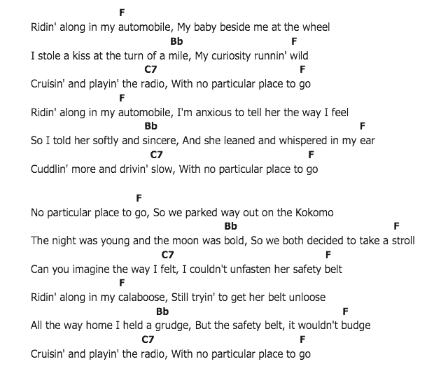 คอร์ดเพลง เนื้อเพลง No Particular Place To Go, คอร์ดเพลง No Particular Place To Go ของ Chuck Berry, คอร์ดเพลงของ Chuck Berry, เนื้อร้อง No Particular Place To Go Chuck Berry, No Particular Place To Go คอร์ดง่าย ๆ, คอร์ด No Particular Place To Go ต้นฉบับ