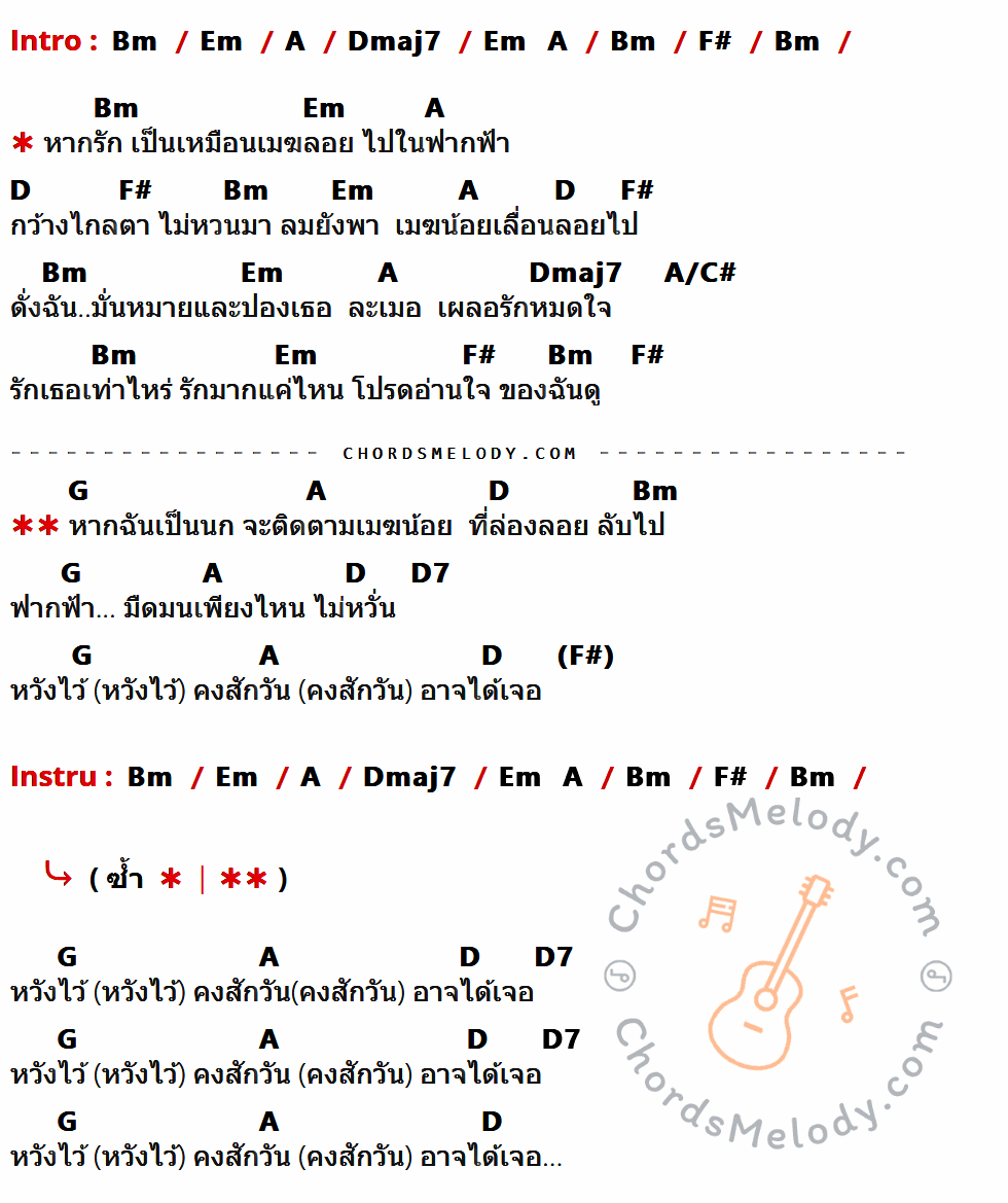 เนื้อเพลง หากรัก ของ คีรีบูน ที่มีคอร์ด ในกลุ่มคีย์ Bm,Em,A,Dmaj7,F#,D,A/C#,G,D7 ประกอบ