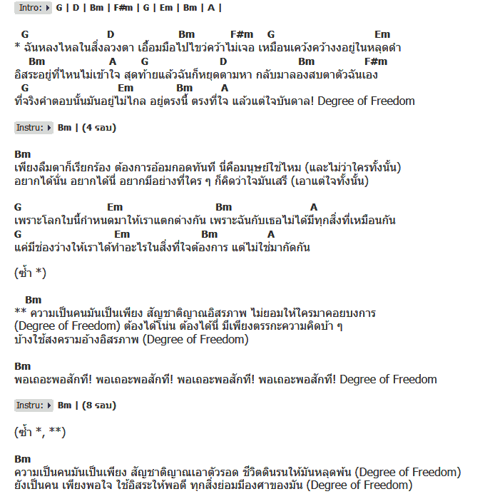 คอร์ดเพลง เนื้อเพลง Degree of Freedom, คอร์ดเพลง Degree of Freedom ของ แมว จิระศักดิ์, คอร์ดเพลงของ แมว จิระศักดิ์, เนื้อร้อง Degree of Freedom แมว จิระศักดิ์, Degree of Freedom คอร์ดง่าย ๆ, คอร์ด Degree of Freedom ต้นฉบับ