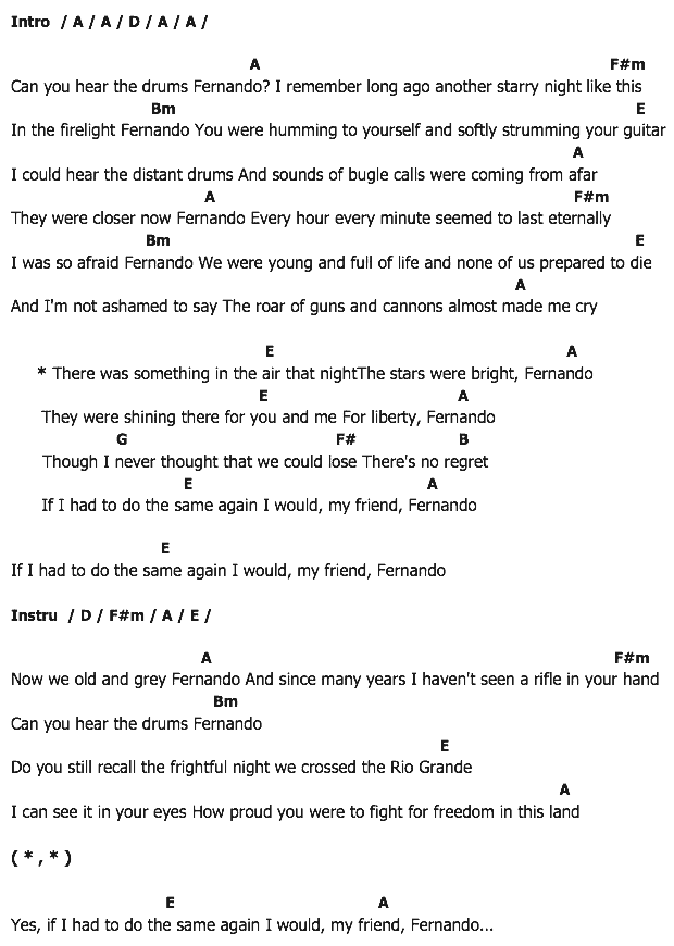 คอร์ดเพลง เนื้อเพลง Fernando, คอร์ดเพลง Fernando ของ ABBA, คอร์ดเพลงของ ABBA, เนื้อร้อง Fernando ABBA, Fernando คอร์ดง่าย ๆ, คอร์ด Fernando ต้นฉบับ
